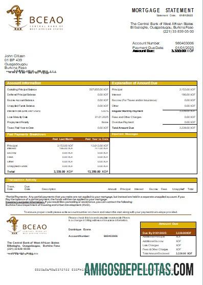 Burkina Faso, Banco Central dos Estados da África Ocidental, Declaração de Hipoteca Bancária Scr amostra